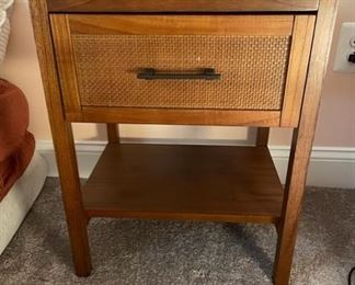 $75 - MCM Design Nightstand w/caning on front drawer JR93-19                                                                                            Mid Century styling updated with on trend caning on the drawer front.  Lovely piece!   Top shows a bit of wear.                                                                                                        18" x 15" x 23"
