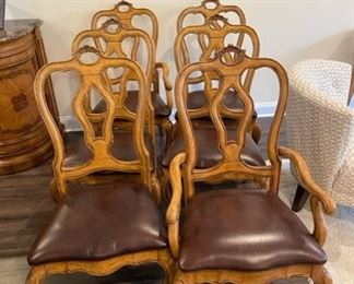 $400 - Thomasville Furniture San Martino Hills of Tuscany Light Rustico Dining Arm Chairs - Set of 6
Romanesque carving, inlay and intricate detailing emblazon the façade of the Tuscan cathedral of San Martino. The San Martino Arm (shown) and Side Chairs are distinguished by equally impressive details—decorative beading, carved chair rails and domed cabriole front legs with unique trifed feet.   Seat Height: 19" (48 cm) Arm Height: 25" (64 cm) Dimensions: 25.5 in W x 26.5 in D x 43 in H                  
See our Dining Table and Breakfront / Buffet in the same style
