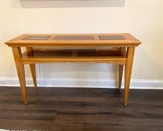 $75 - Mission Style One Shelf Sofa Table w Glass Inlay JR93-7                                                                                                               Lovely piece with an updated mission style.  Perfect for behind a sofa, as an entry table or against the wall in a hallway.                                                                                              50" x 16" x 30"H