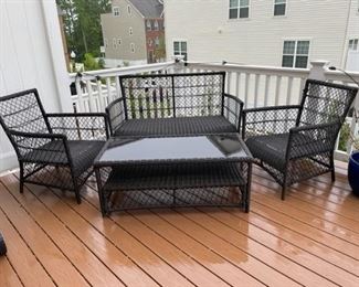 $500 - Black Resin Wicker Outdoor Furniture Set - 2 Chairs, 1 Settee, 1 Table JR93-17                                                                          Absolutely stunning set with geometric open design giving a fresh and light feel to a very well made sturdy patio set.


Table = 26 x 22 x 18H 
Chairs = 26 x 27 x 33H
Settee = 56 x 29 x 33H