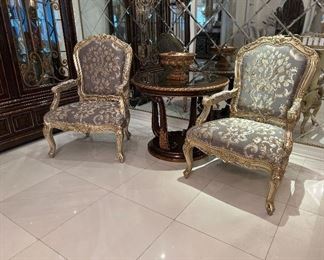 Absolutely Gorgeous Pair of Marge Carson Claudette ArmChairs. Featuring specially ordered fabric and hand painted Gold Leaf $6,700 for the pair. 