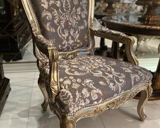 Absolutely Gorgeous Pair of Marge Carson Claudette ArmChairs. Featuring specially ordered fabric and hand painted Gold Leaf $6,700 for the pair. 