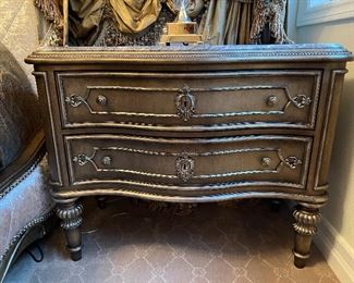 Marge Carson GT Nightstands. Bronzed Silver Finish with Metal Leaf and Polished Michelangelo Marble. Retail over $9800 Each. Our price $6,400 Each 