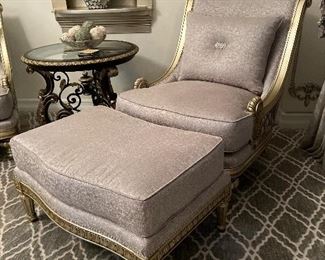 Hand Painted and Custom Upholstered Marge Carson Huntington Manor Chairs with Matching Ottomans. Over $12k Retail. Our price $9800 for the pair 