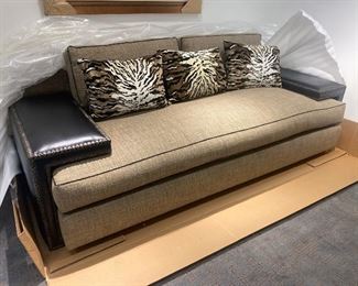 Marge Carson Aspen Sofa. Chenille Fabric , Animal Print Velour Pillows and Genuine Leather Floating C Style Arms. $5,500