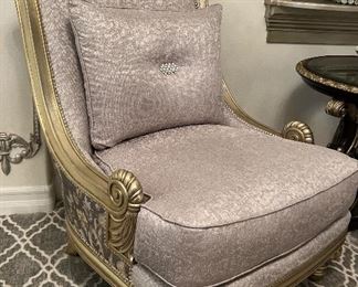 Hand Painted and Custom Upholstered Marge Carson Huntington Manor Chairs with Matching Ottomans. Over $12k Retail. Our price $9800 for the pair 