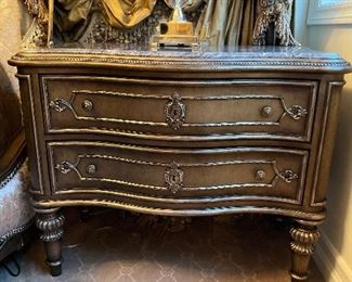 Marge Carson GT Nightstands. Bronzed Silver Finish with Metal Leaf and Polished Michelangelo Marble. Retail over $9800 Each. Our price $6,400 Each 