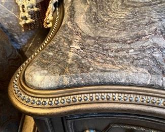 Marge Carson GT Nightstands. Bronzed Silver Finish with Metal Leaf and Polished Michelangelo Marble. Retail over $9800 Each. Our price $6,400 Each 
