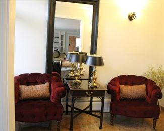 Pair Southwood tufted club chairs; Stickley Chippendale style table & Hollywood regency pineapple lamps