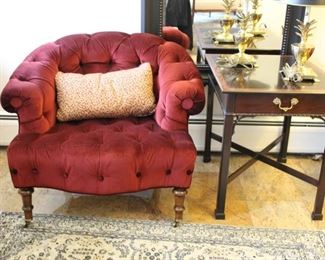 Pair Southwood tufted club chairs; Stickley Chippendale style table & Hollywood regency pineapple lamps