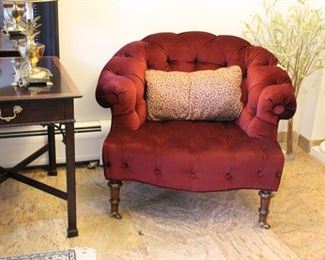 Pair Southwood tufted club chairs; Stickley Chippendale style table & Hollywood regency pineapple lamps