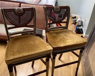 Pair cane seat & back stools with coats of arms