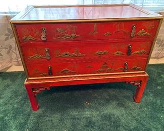 Beautiful Vintage Chinese  Red Chinoiserie  3 drawer Tea chest 