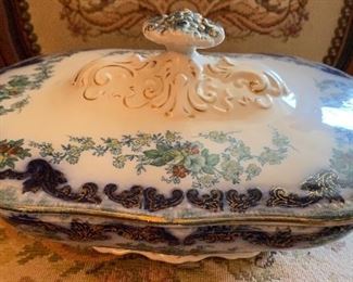 Antique New Wharf Flow Blue Covered Dish