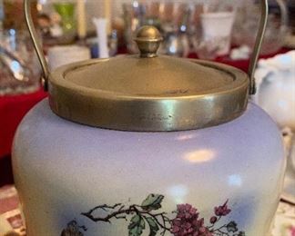 Antique Bird Themed Painted Porcelain Biscuit Jar