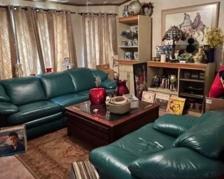 Green Leather Couch and Chair