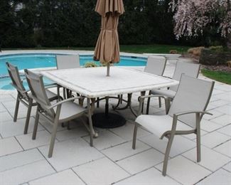 Square patio table with 6 chairs & umbrella