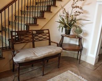 Cane seat bench & two tier side table