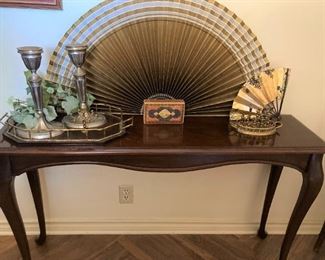 Sofa/entry table;  large fan and brass accessories