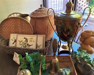 Assorted baskets and brass