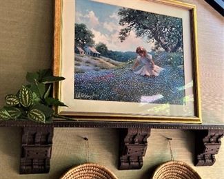 Framed bluebonnet print by William  A. Slaughter; wooden shelf; woven baskets