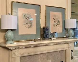 Coordinating framed and matted prints; matching lamps
