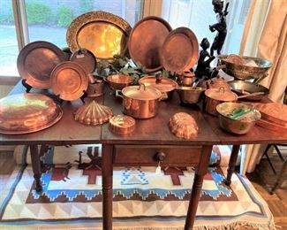 Fabulous assortment of copper; gate leg table; Native American rug 6 feet x 9 feet