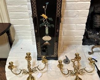 Soapstone on black lacquered umbrella/cane stand; brass wall sconces; brass andirons