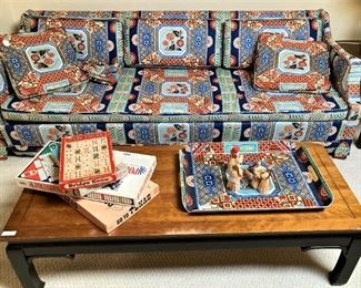 Asian print sofa; Asian style coffee table