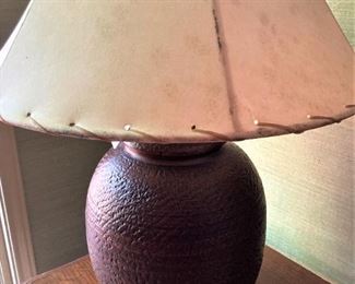 Lamp with pottery base and stitched shade