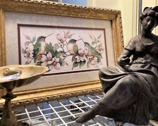 Hummingbird art; lady statue