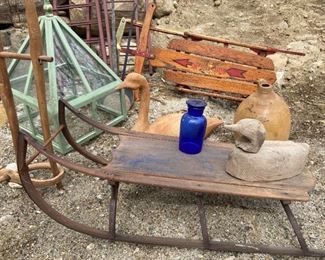 antique sled, crocks