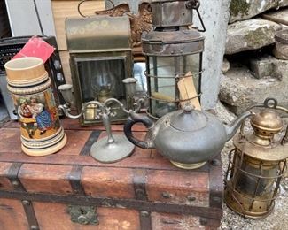 old pewter and lanterns