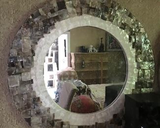 Pair of Mother  of Pearl large round mirrors. 
