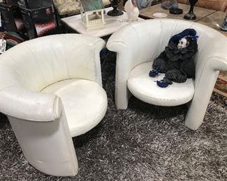 Pair of White Leather Club Chairs 
