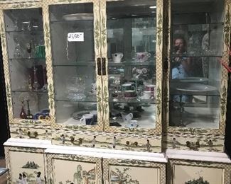 Dining room hutch with inlaid jade and other semi precious stones. Items in hutch available for sale too. 