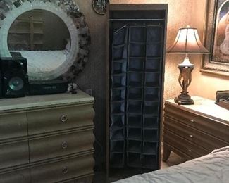 Shoe Rack.  125 Pairs.  Lamp on right has a matching lamp for a pair.  Bureaus have sold.  Panasonic system available as well as the mother of pearl mirrors.