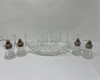4 Vintage Etched Clear Glass Salt and Pepper Shakers Cut Glass Serving Bowl and 6 Small Clear Glasses