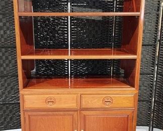 Beautiful Rosewood 3 Shelf Storage Cabinet with Asian Flair 2 Drawers Over Bottom Cabinet