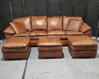 Gorgeous Nutmeg Color 4 Person Leather Creation Top Grain Leather Sofa with 3 Ottomans