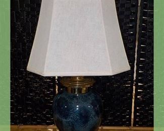 Lovely Blue Ceramic Table Lamp with Gold Tone Base and Cap