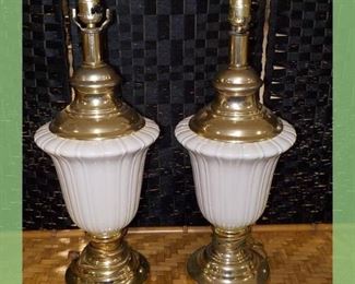Pair of Cream Colored Table Lamps with Goldtone Base and Cap