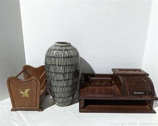 Pair of Desk Organizers and Glazed Black and White Vase