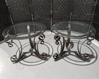Pair of Spirled Bronze Finish Metal Round Tables with Glass Top