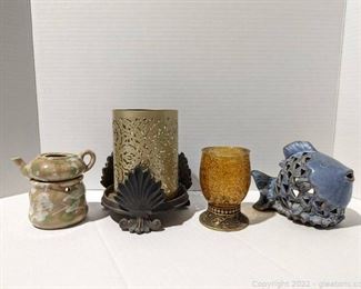 Unique Assortment of Candle Holders Including Wrought Iron Stand and 1 Oil Warmer