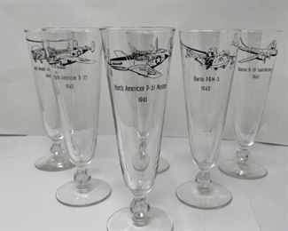 Vintage Libbey Plane Aviation Tall Footed Beer Glasses