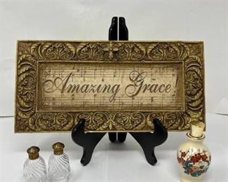 Vintage Mini Glass Swirl Salt and Pepper Shaders and Vintage Perfume Bottle Amazing Grace Wall Art