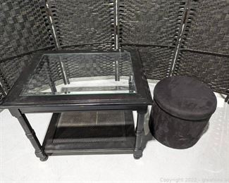 Wicker Inspired Glass Top End Table and Black Ottoman