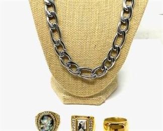 Mens Assorted Mixed Metal Rings and Stainless Cuban Link Necklace