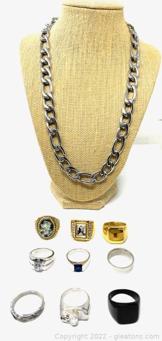 Mens Assorted Mixed Metal Rings and Stainless Cuban Link Necklace